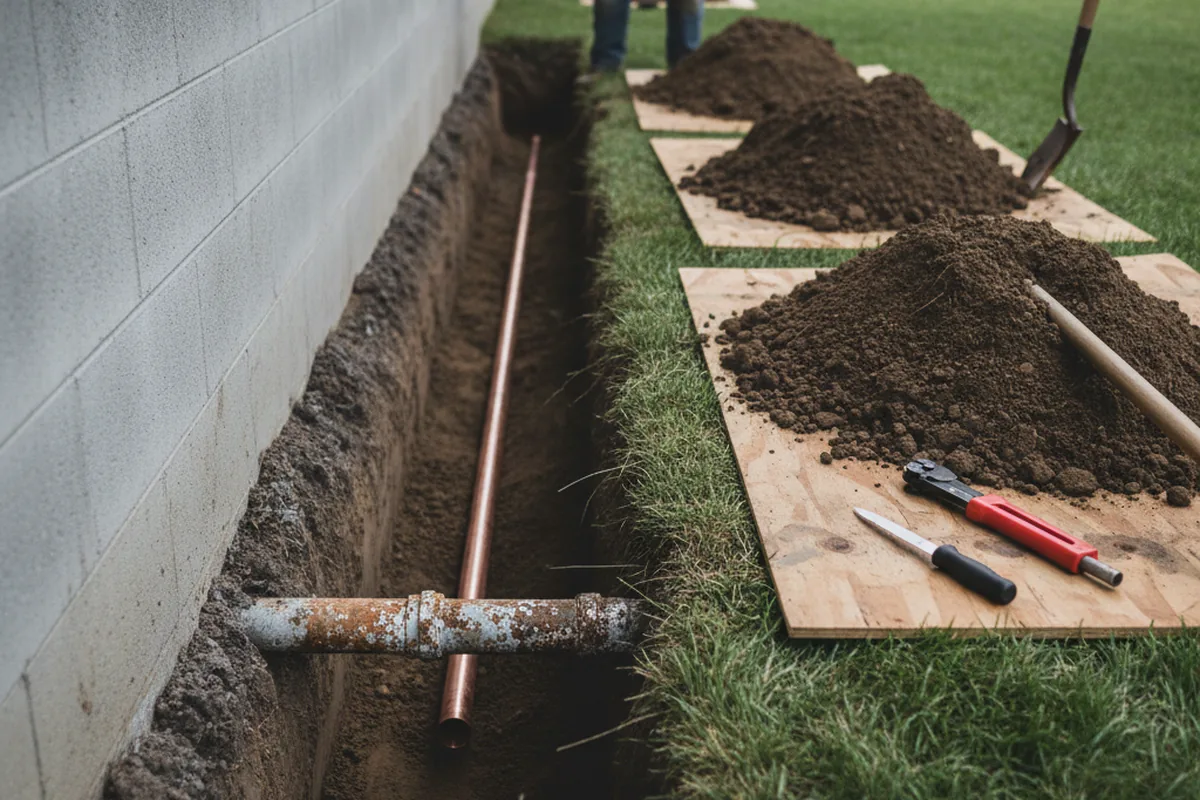 Excavated water line trench during Sewer Line Repair in Pulaski
